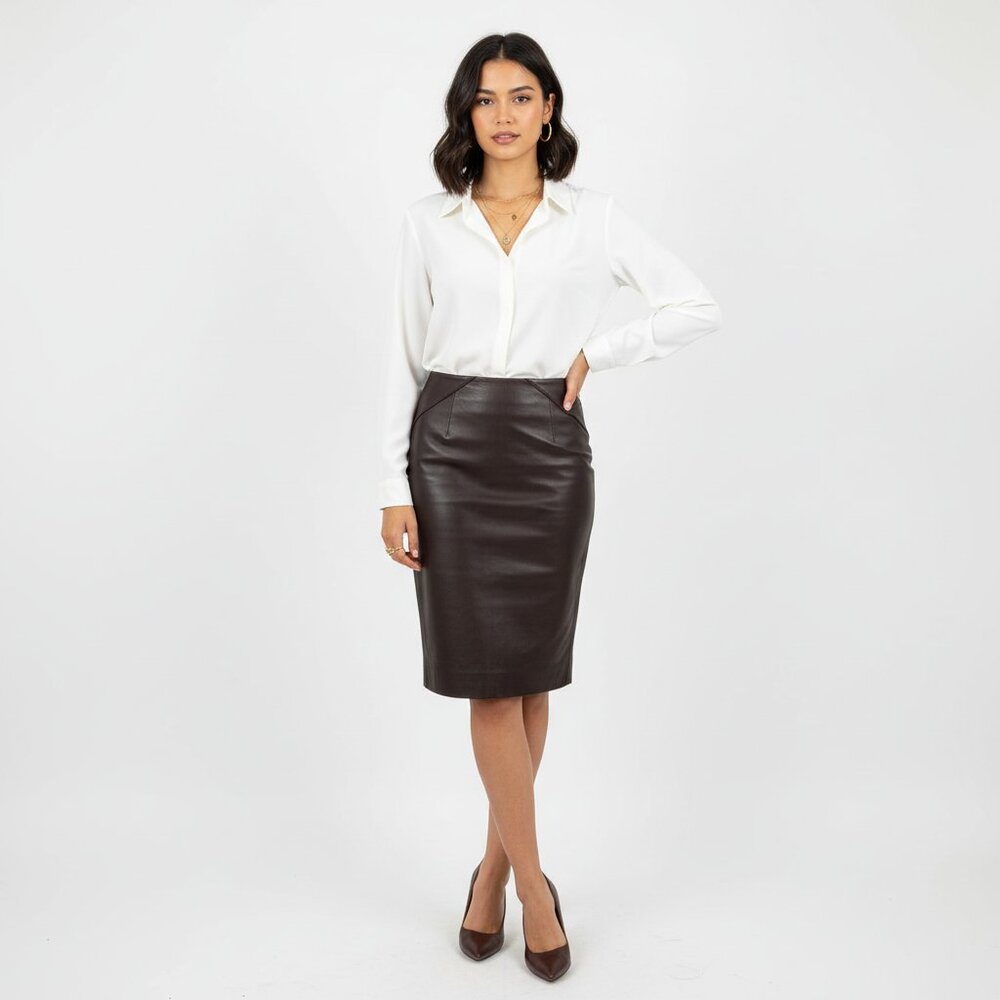 Victoria’s Secret 100% Leather Brown Chocolate Knee Length Skirt 10 - Picture 5 of 5